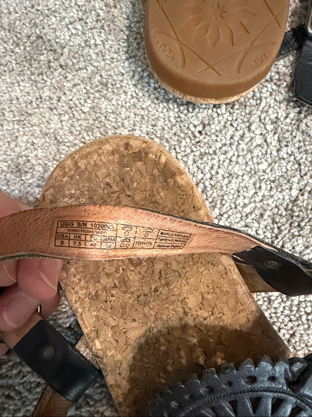 UGG Black Leather Cork Thong Sandals with Decorative Medallion - Picture 7 of 7